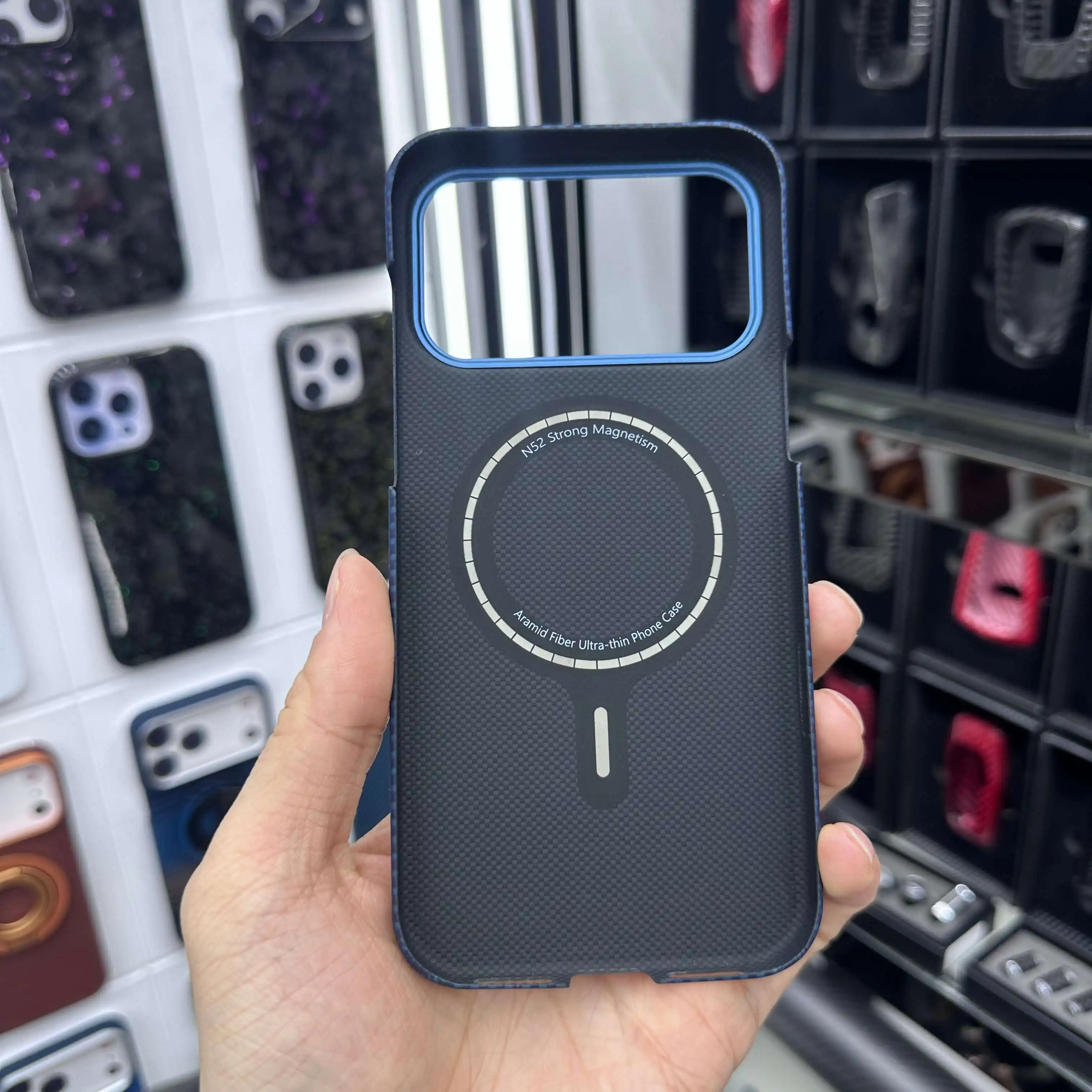 For iPhone 17 Pro Max Kevlar Aramid Fiber Case with Genuine Leather Inlay, Ultra Thin Hollow-Out Design Magnetic Magsafe Cover - view 5