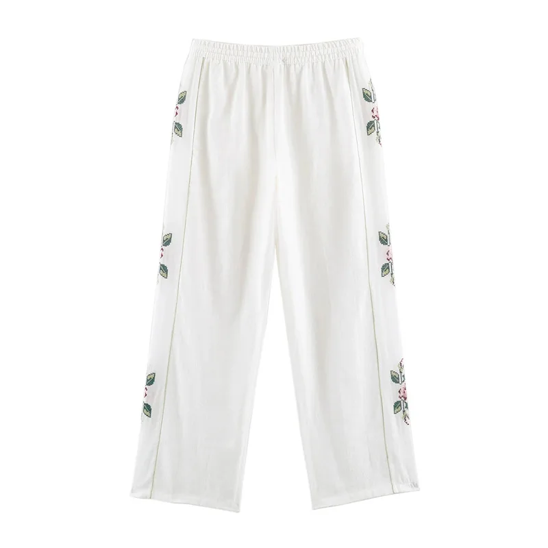 Maxdutti Straight Side Striped Embroidered Patchwork Casual Pants, Long Pants Woman Clothes Women's Pants And Trousers