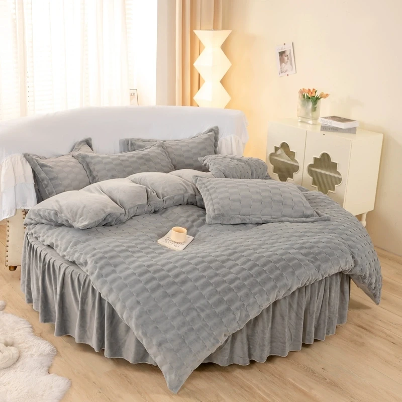 4pcs Velvet Round bedding sets Round Bed Skirt Milk Velvet Solid Duvet Cover and Pillowcase Covers For Warm Home Bedding