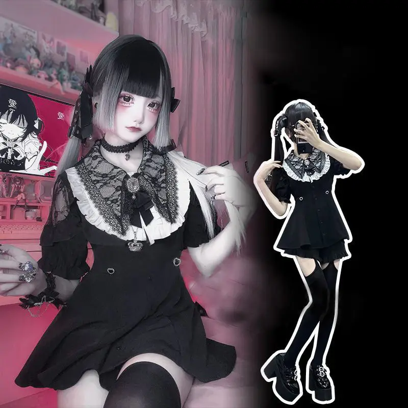 NONSAR Japanese Gothic Rhinestone Bow Dress Shorts Set Women Lace Off Shoulder Long Sleeve Slim Shirt Dresses Lolita Y2k Outfits