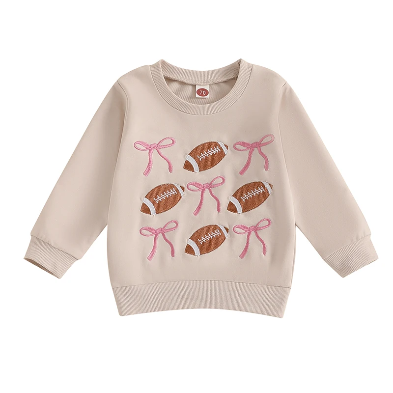 Toddler Girls Sweatshirts Bowknot Rugby Embroidered Crew Neck Long Sleeve Kids Pullovers Fall Clothes Tops