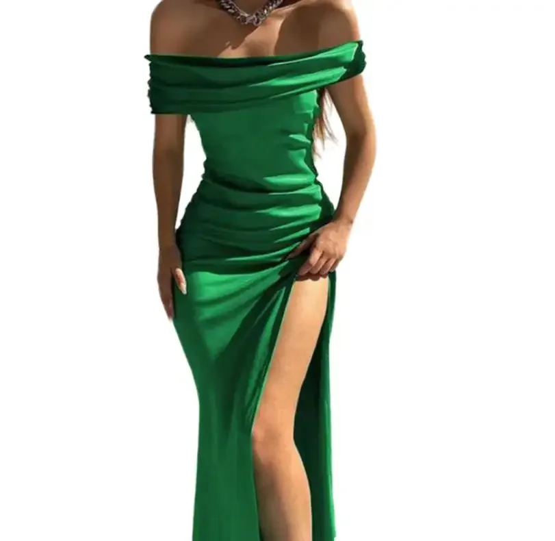 2024 neue Sommer Frauen Grün Ballkleider Sexy Roben Off Schulter Hohe Schlitz Satin Abendkleid Midi Langes Kleid Festival Party tragen