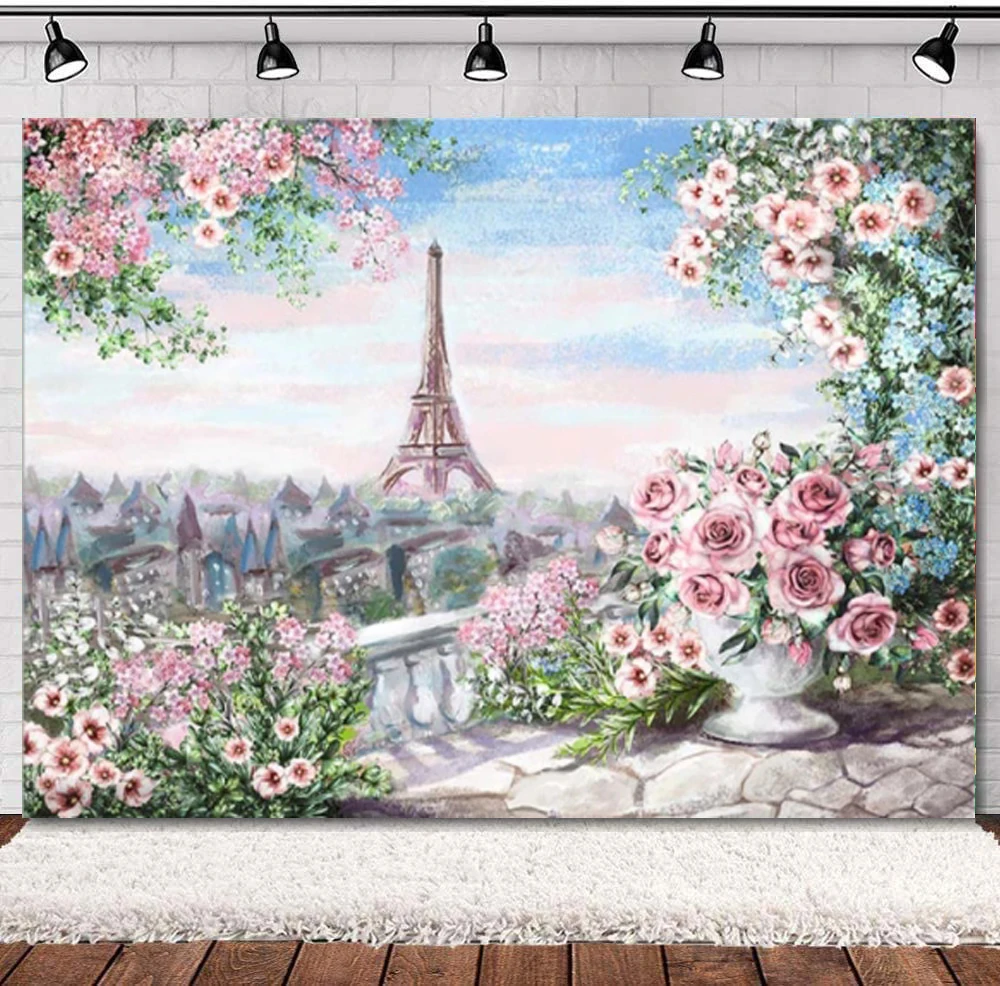 Photography Backdrop Romantic Paris Newborn Baby Portrait Floral Eiffel Tower Kids Birthday Photo Props Studio Booth Background