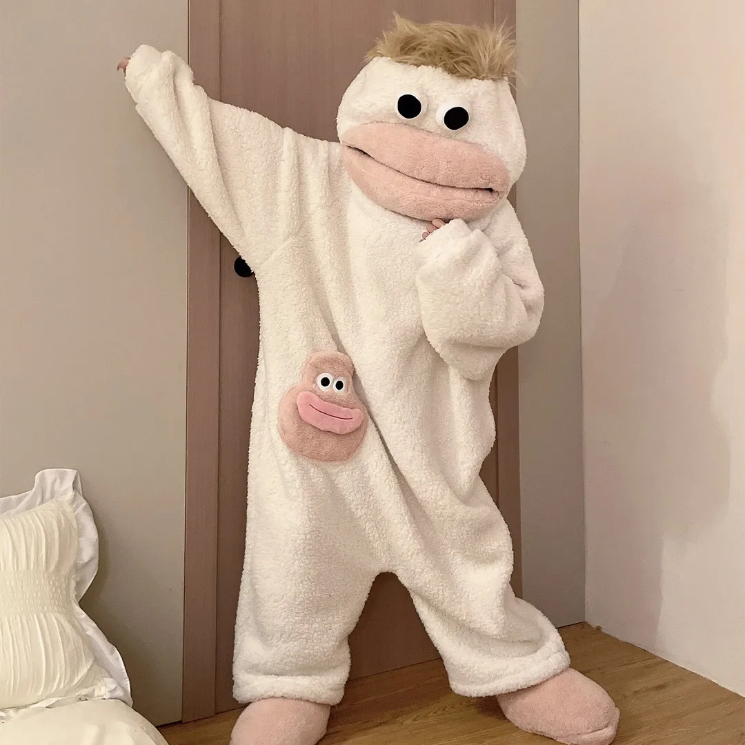 Hot Cartoon Big Mouth Monster Cute Funny Onesie Pajamas Thickened Coral Homewear For Couples Men Women Autumn Winter Pajamas ﻿