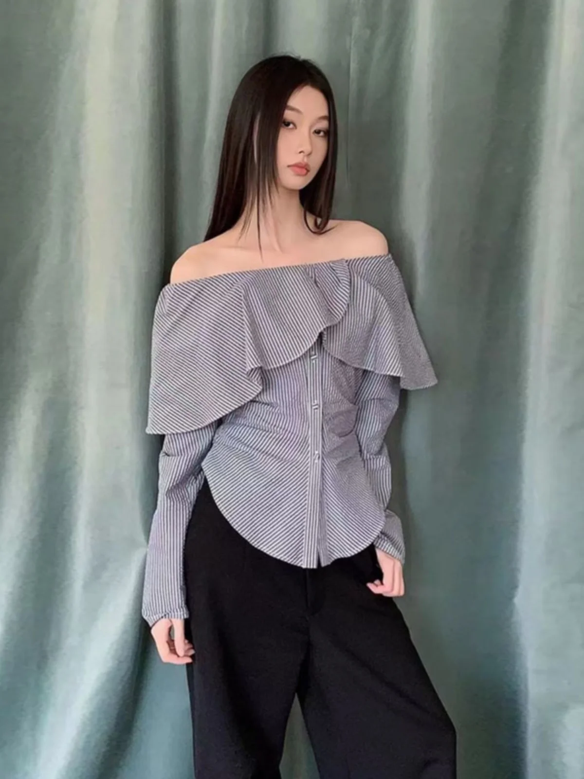

Elegant Long Sleeve Striped Shirt Women's Fitted Waist Cinched One Shoulder Flounce Trim Commute Style Korean Version Spring ...