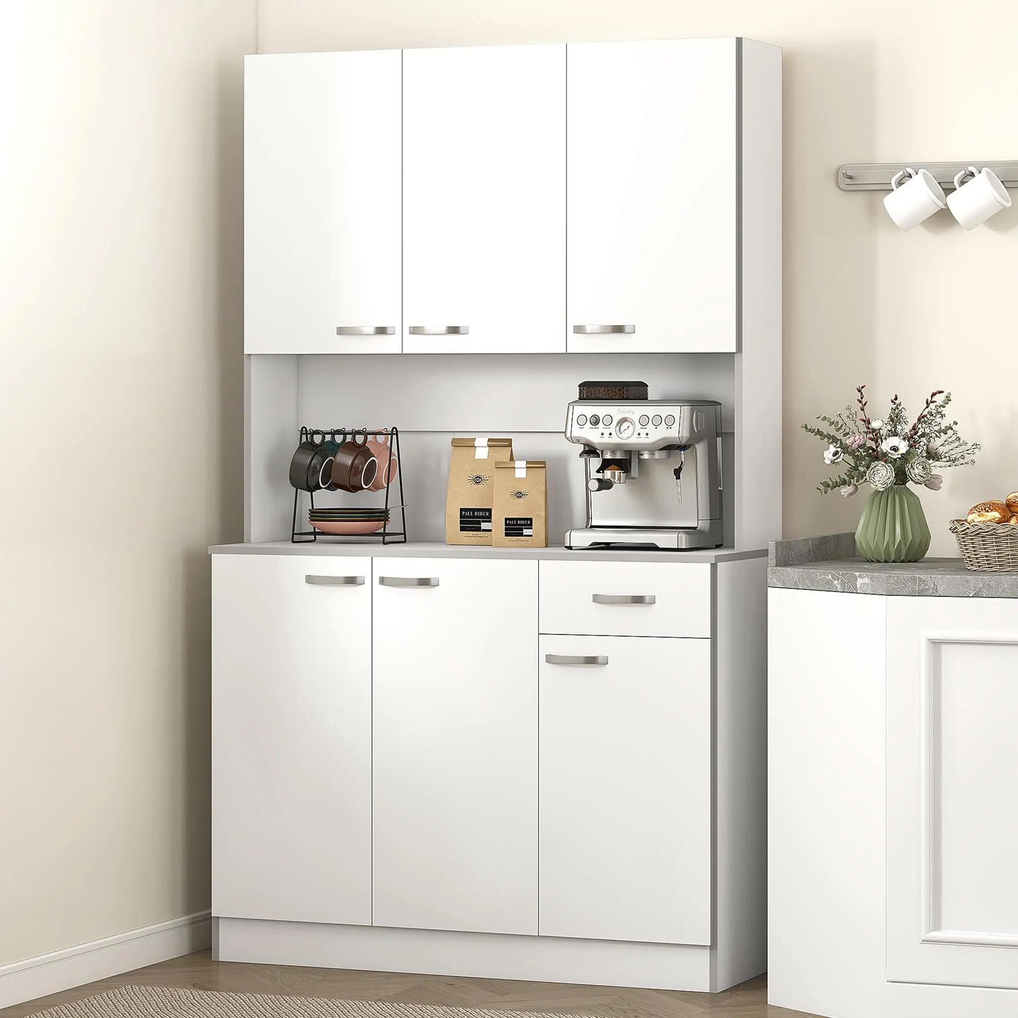 Küchenschrank 6-Türig, Schublade, verstellbare Regale, Weiß, 101x39x180 cm