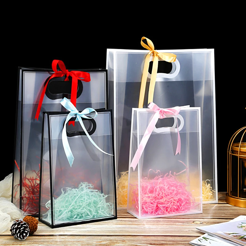 1PC Plastic Waterproof Flower Wrapping Tote Party Favors Gift Transparent Packaging Bag With Handle Cosmetic Storage Handbag