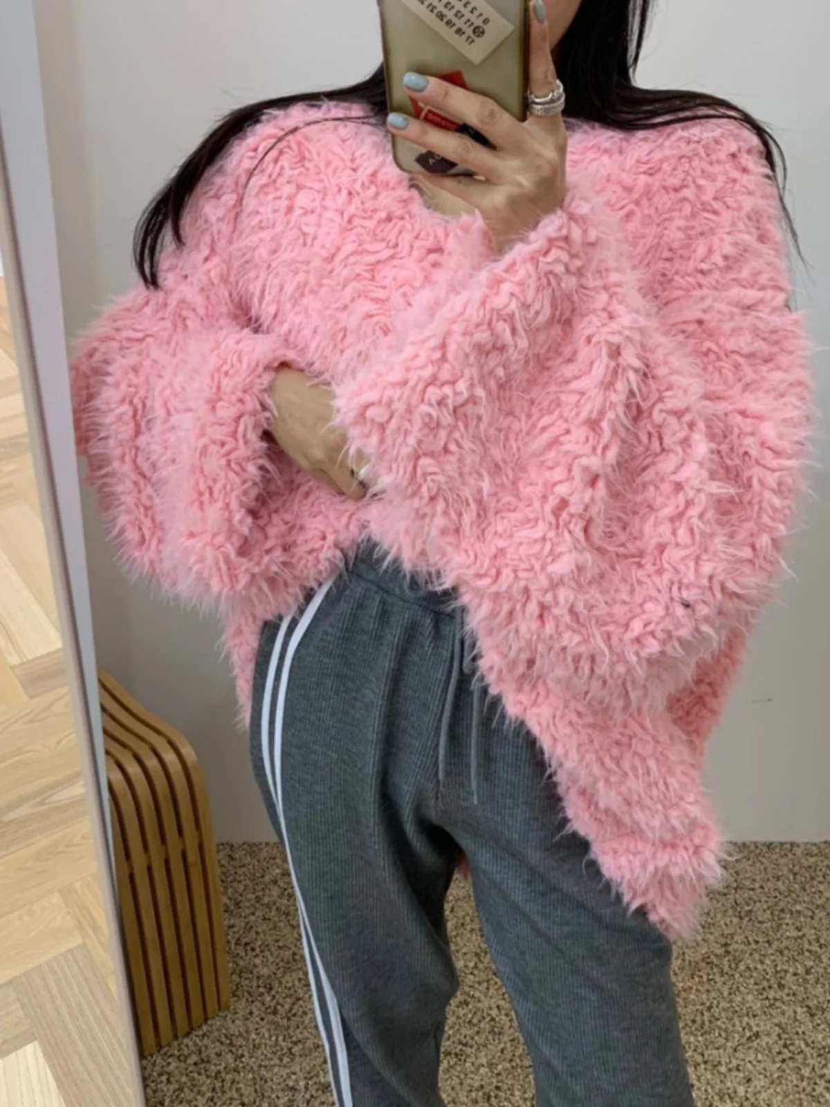 

Tassel Trim V-Ne Loose Lazy Sle Faux Mink Velvet Anti-Aging Soft Lamb Fur Wool Women's Sweater Coat Long Sve Cotton