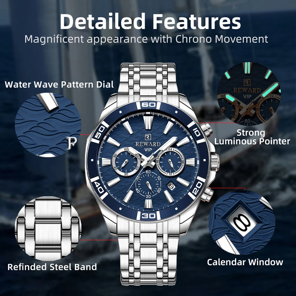 REWARD Fashion Business Watches for Men Blue Dial Chronograph Waterproof Watch Men Stainless Steel Luminous Sport Wristwatches