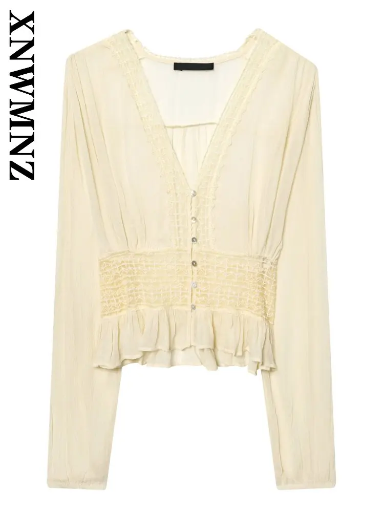 

XNWMNZ 2026 Summer Woman's Fashion Holiday Lace V-Collar Short Shirt Casual Simple Lady Beige Long Sleeve Chic Mesh Thin Slim