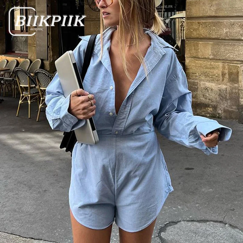 BIIKPIIK Casual Women Rompers Concise Shirts Style Buttons Long Sleeve Playsuits Autumn Streetwear Slim Fit Overalls All-matched