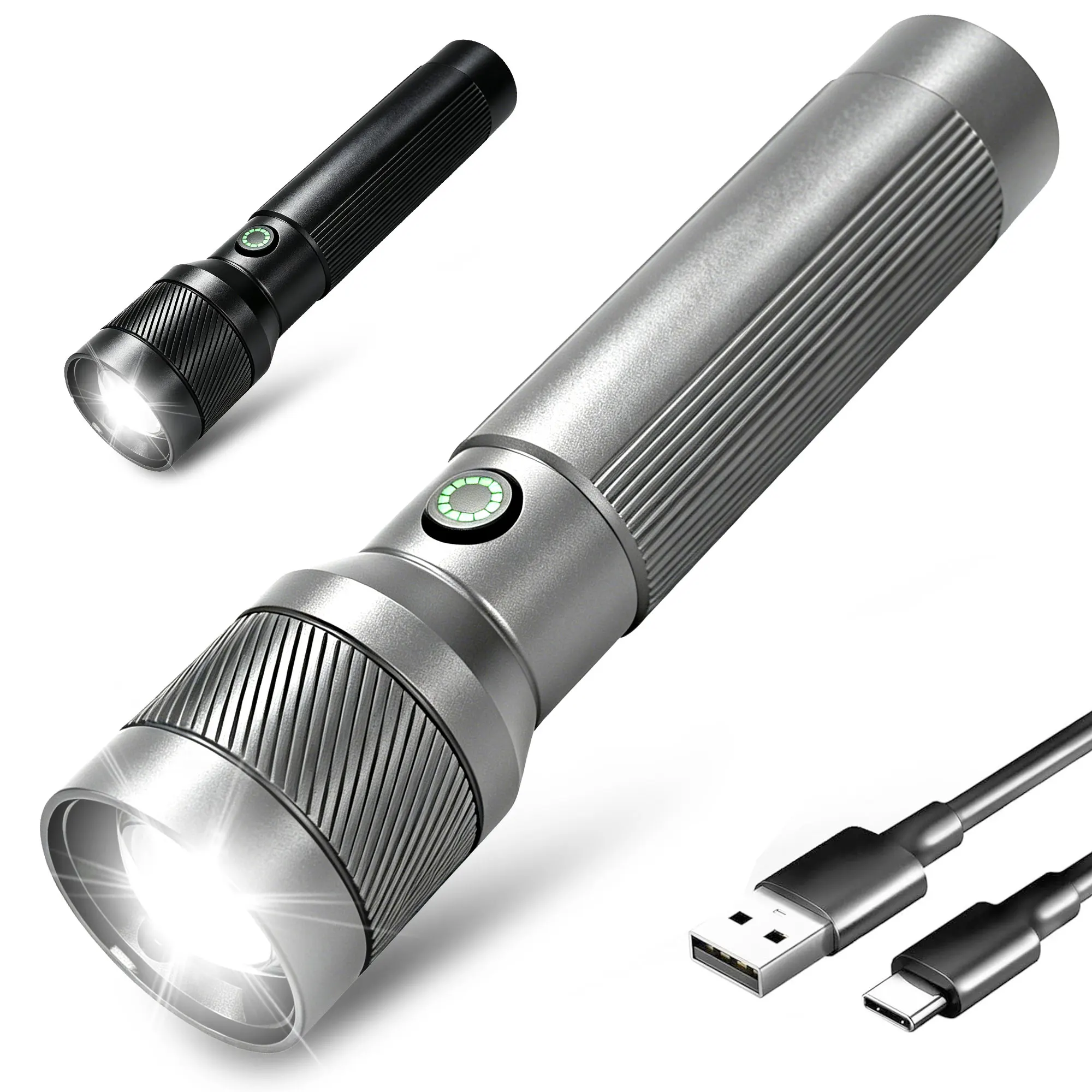 Lanterna Super Brilhante 2200LM com Feixe de 180m, Zoom Ajustável, Bateria 18650, Carregamento Tipo-C, 4 Modos EDC