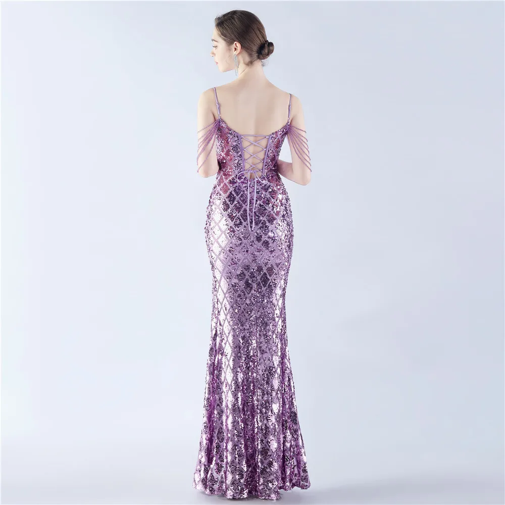 Vestido de lujo de sirena con lentejuelas para mujer, traje Sexy con tirantes en V, color morado, 2023