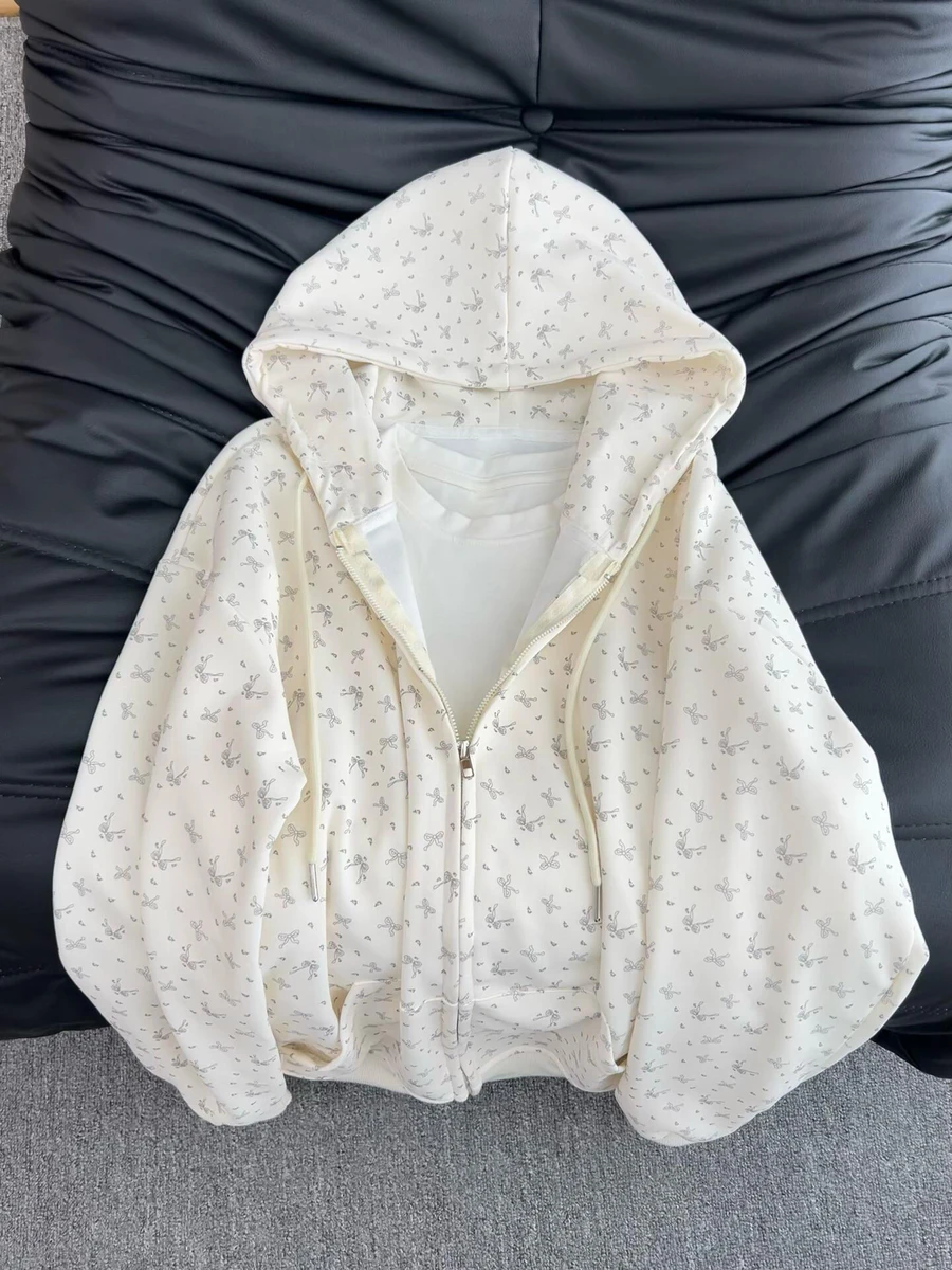 Korean Sweet Bow Print Hooded Sweatshirt Women's Spring Autumn Chic Versatile Loose Long Sleeve Coat Female Casual Zipper Jacket