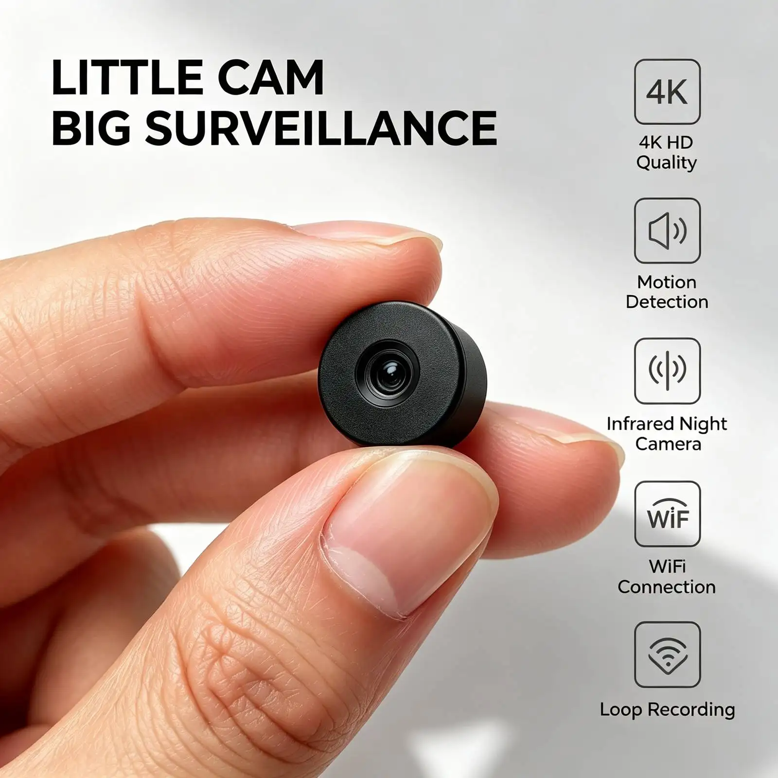 Caméra de sécurité WiFi R1 Mini, caméra de surveillance ultra-compacte 4K Ultra HD avec vision nocturne infrarouge, alerte de détection de mouvement, enregistrement en boucle. Conception compacte et portable pour la surveillance intérieure à la maison, au bureau ou en voiture. Visualisation à distance en temps réel sur téléphone, configuration facile