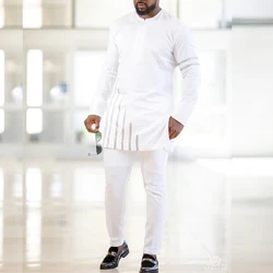 White Wedding Men's Kaunda Suit Long Sleeve Round Neck Top Pants African Ethnic Traditional Clothing 2-Piece Set Wear Outfits