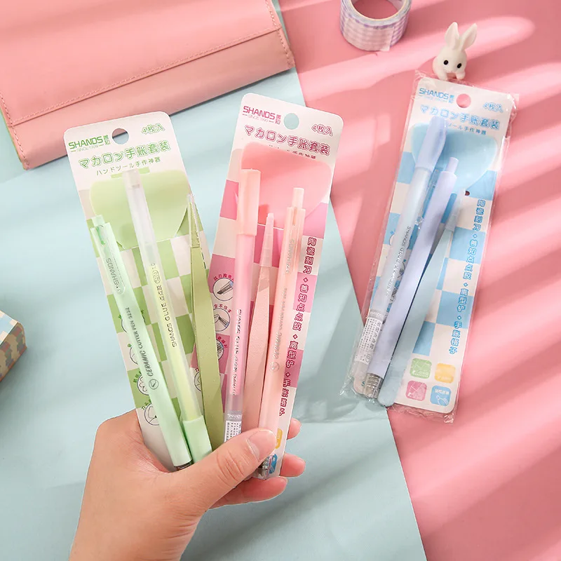 Macaron Paper Cutter Pen Knife DIY Basic Tools Kits Multifunction Tweezers Scraper Glue Pen Journal Planner Korean Stationery