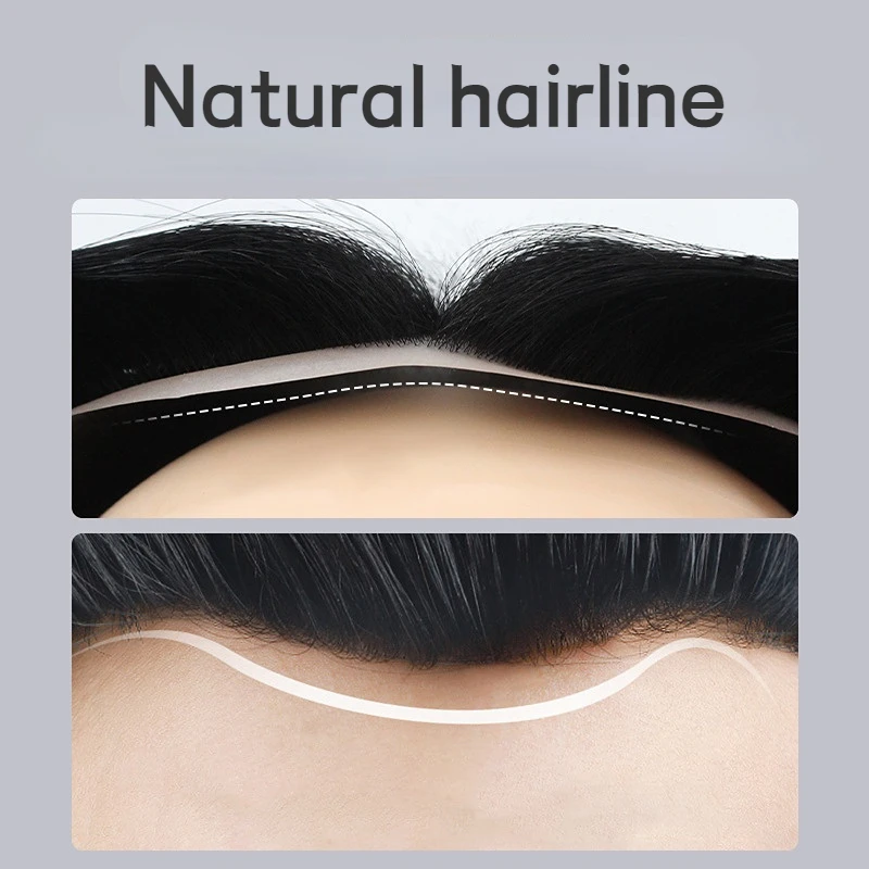 شعر مستعار للرجال باللون الأسود الطبيعي 100% نظام استبدال قاعدة من البولي يوريثان لشعر التاج مع خط شعر حيوي لصور السيلفي #4