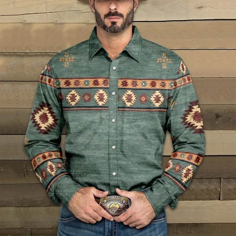 

2025 Western tribal style men's shirt, vintage casual party, totem print pattern, soft and comfortable men's top, size 6XL.