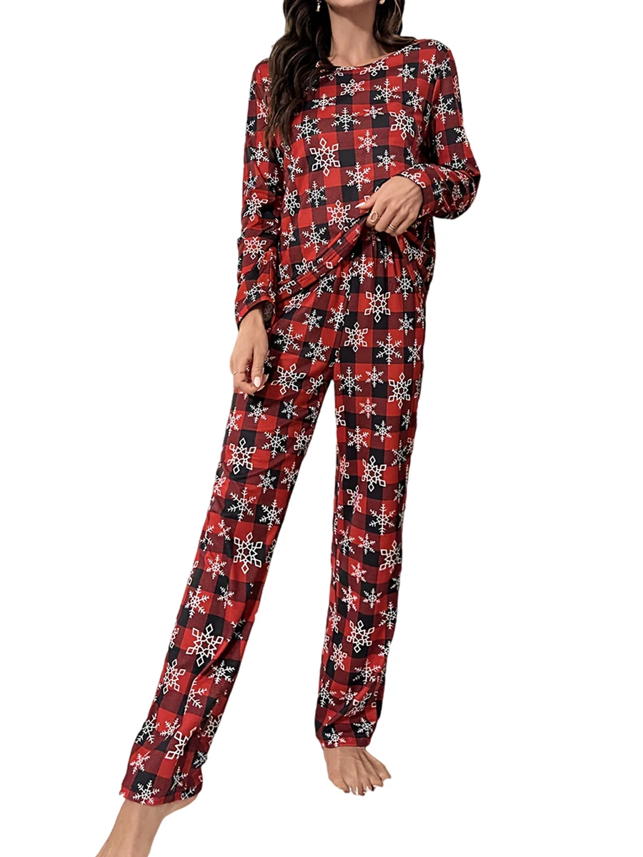 Women Christmas Pajama Set Snow Tree Print Long Sleeve T-shirt with Pants Sleepwear Loungewear