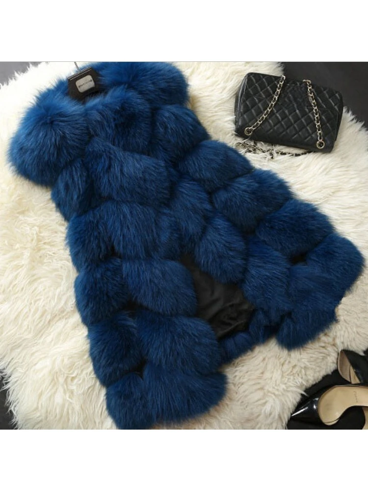 French Romantic Fluffy Soft Square Faux Fur Patchwork Solid Color Comfortable Simple Fashionable Loose Winter Long Vest Jacket