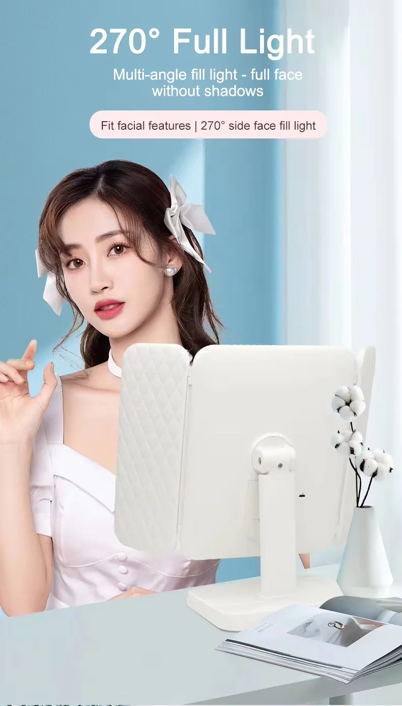 Espelho de três lados com luz LED Espelho de maquiagem Mesa de penteadeira Mesa de maquiagem com luz LED