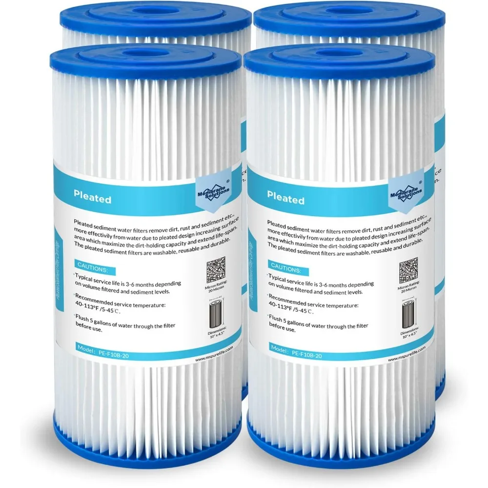 Membrane Solutions 20 Micron Pleated Water Filter Home 10"x4.5" Whole House Heavy Duty Sediment Replacement Cartridge Compatible