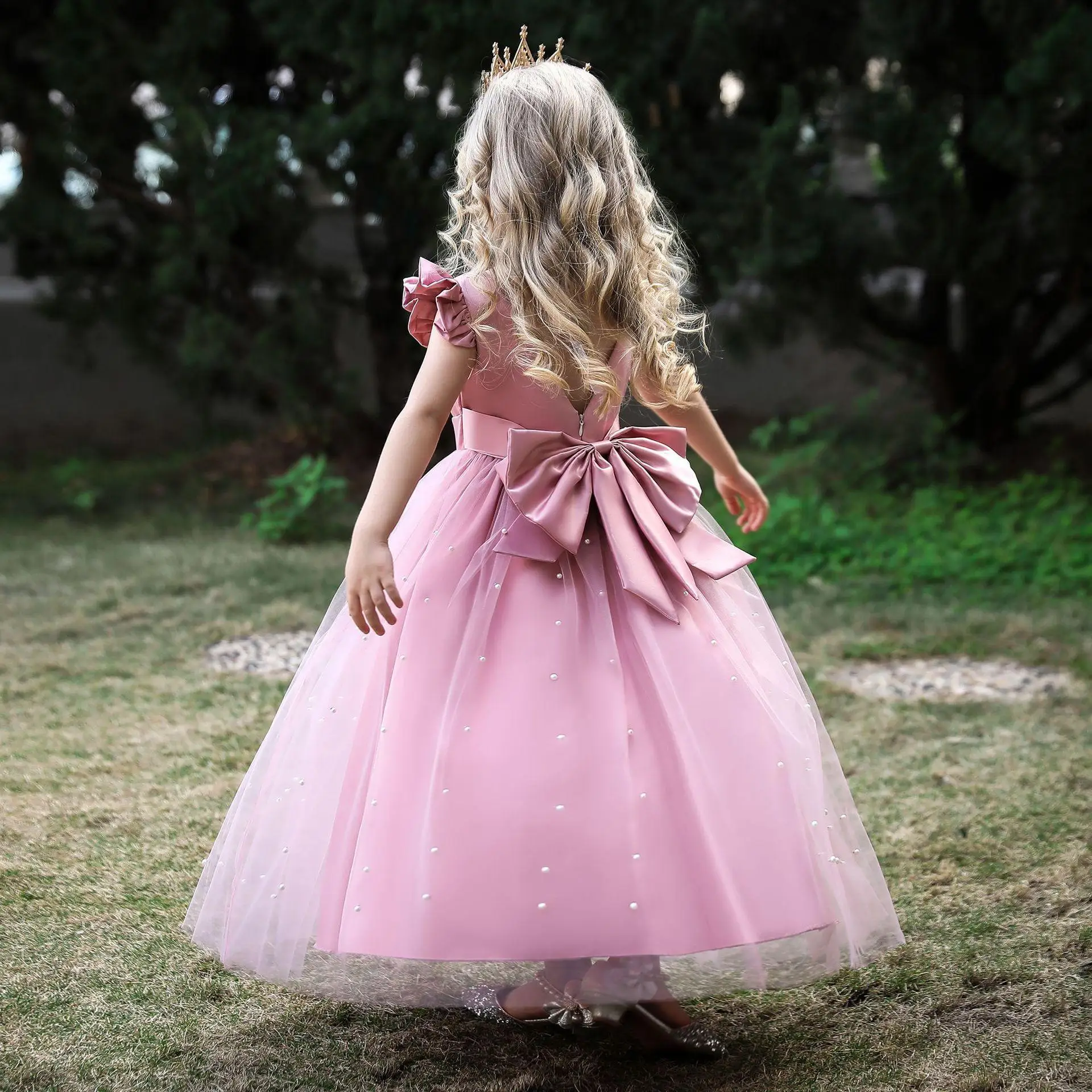 Elegant Piano Performance Costume Girls Evening Dress Bowknot Wedding Dress Backless Girl Princess Dress Children Birthday Dress