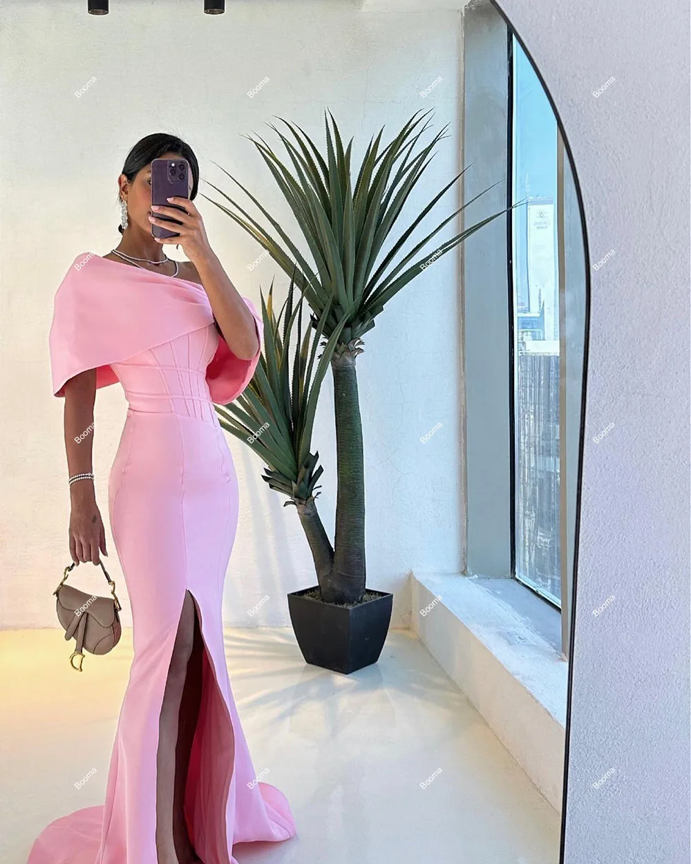 Booma Pink Mermaid Evening Dresses One Shoulder Stain Formal Party Gowns for Women Side Slit Prom Dress Wedding Guest Dress