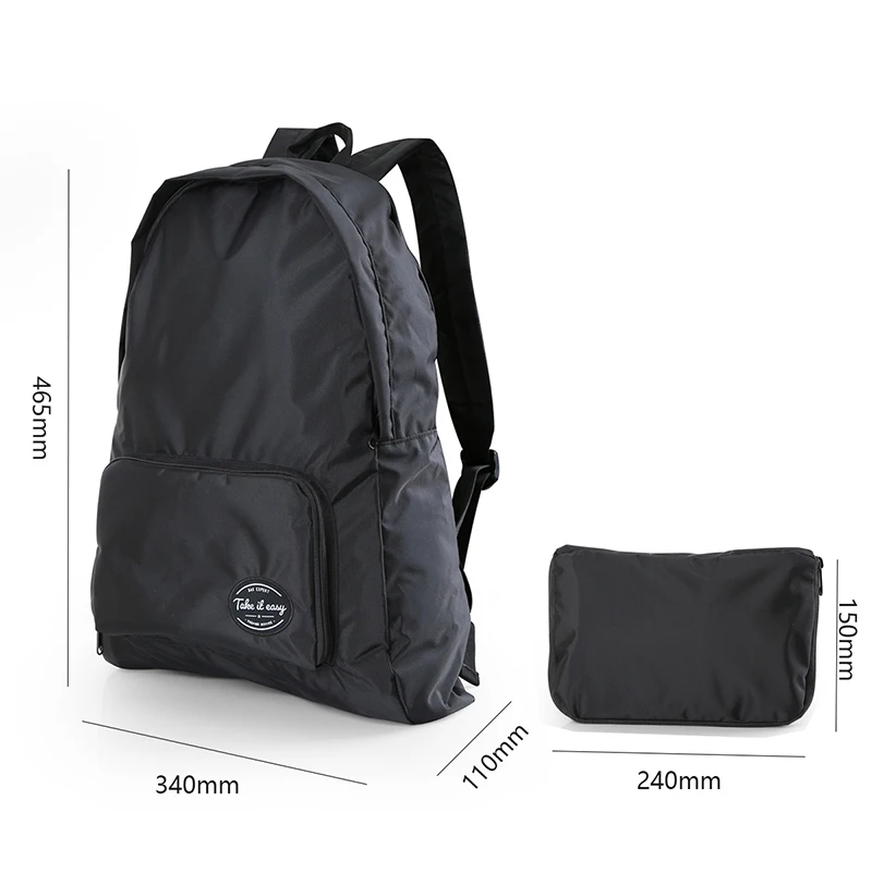 Black Nylon Fabric Lightweight Foldable Backpack Men Women Waterproof Packable Backpack Travel Hiking Camping Daypack 20 Liters