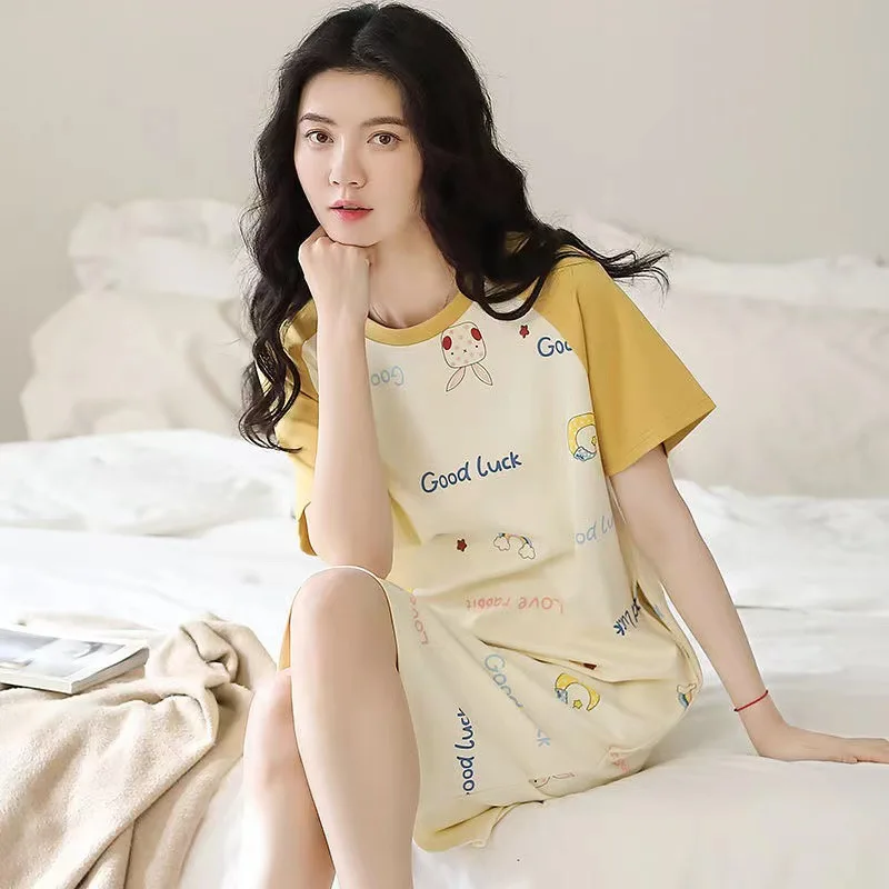 Summer Ladies Pyjamas Imitation Cotton Cute Short-Sleeved Nightgown Cartoon Large Size Nightgown Summer Thin Long Skirt Homewear