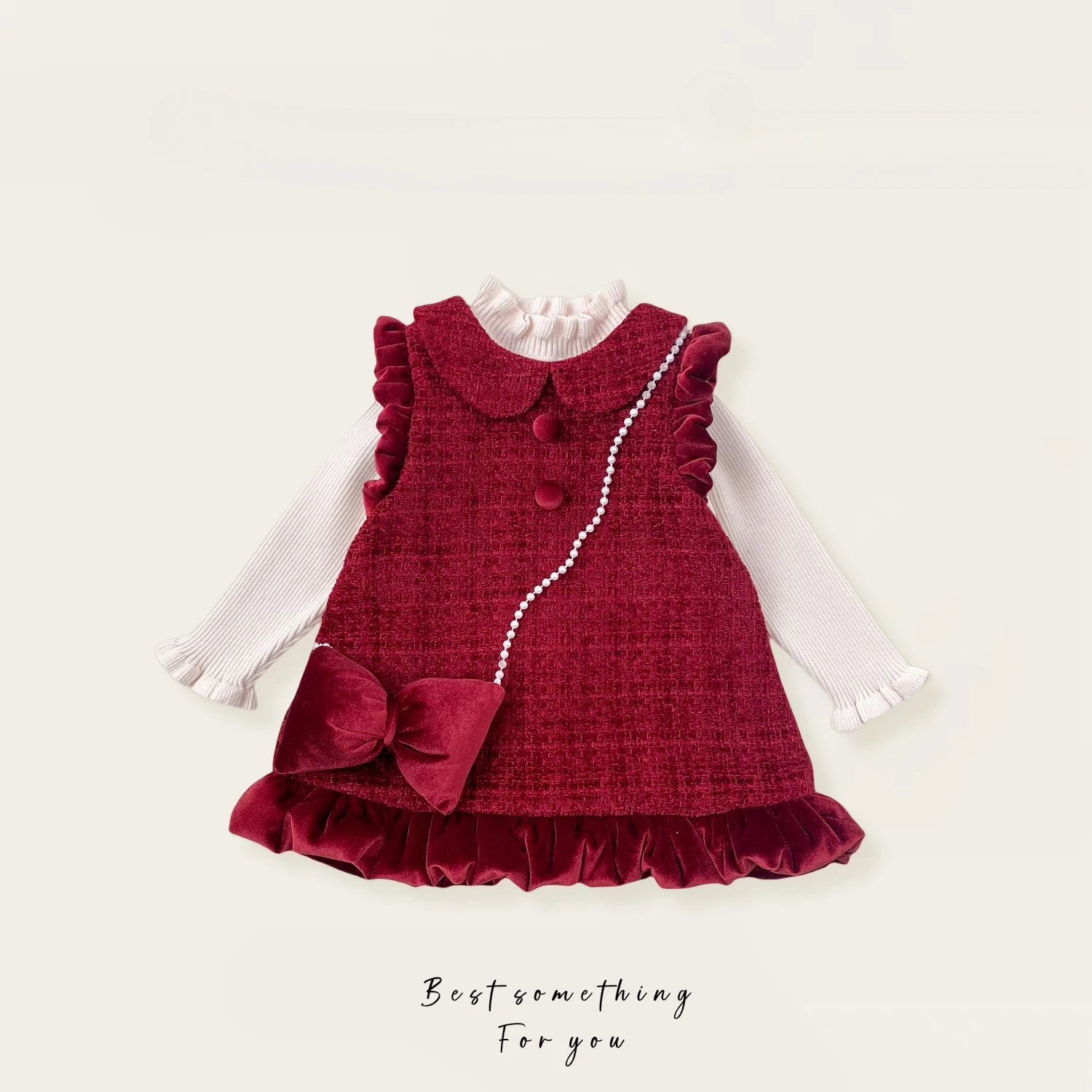 

2025 Winter Temperament Suit Girl Velvet Warm Woolen Vest Skirt Knitted Sweater Three-piece Suit Kids Clothes Girls