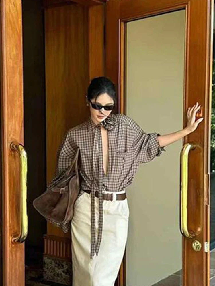 Jmprs-camisas a cuadros Y2K caladas para mujer, ropa de calle Vintage, blusa con cordones florales en 3D, Top informal holgado gótico de manga larga americano