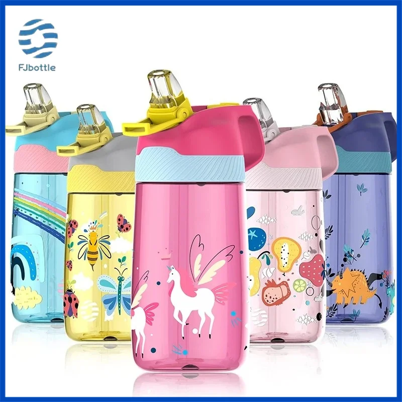 

FJbottle 450ml Kids Water Bottle with Straw Drinking Bottle Eco Friendly Tritan One Touch Flip Cap BPA Cup Domestic Plastic Cups