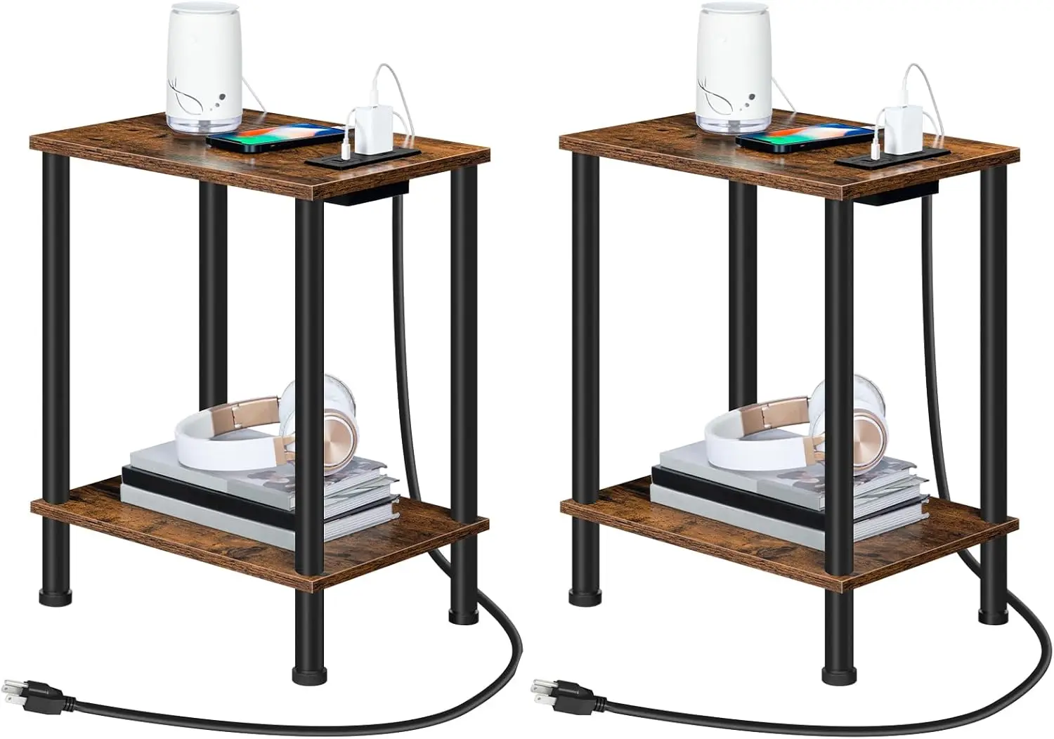 

Side Table with Charging Station, Set of 2 End Tables with USB Port and Outlets, Nightstand with 2-Layer Storage Shelves for