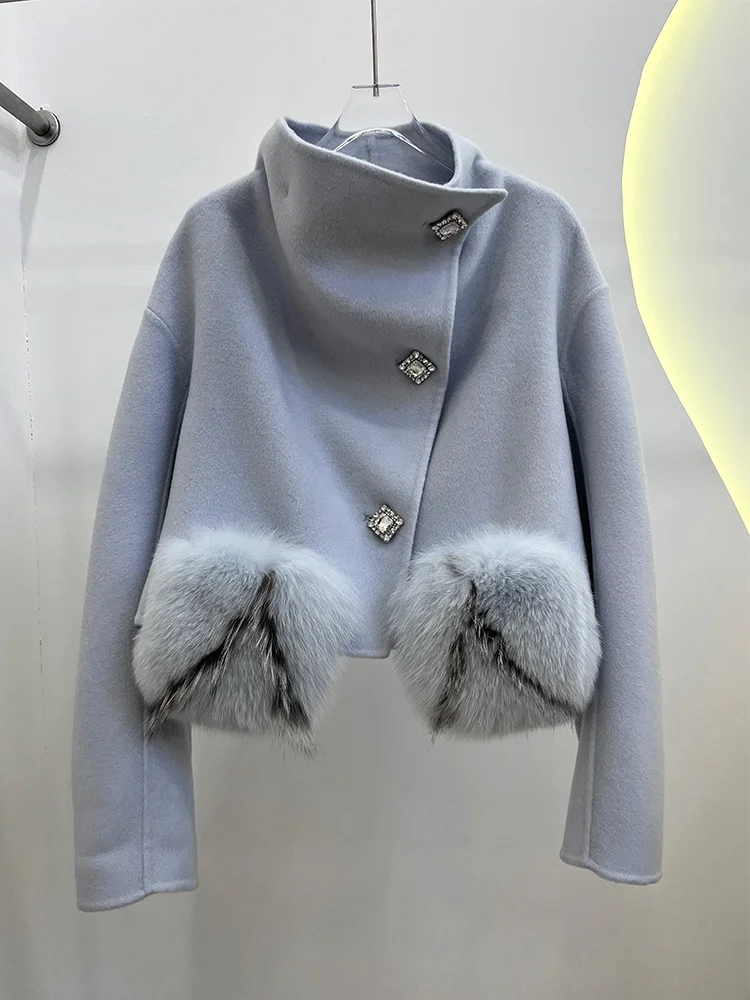 

2025 зимнее женское кашемировое шерстяное пальто, короткая куртка из натурального меха с карманами из лисьего меха, женское пальто, верхняя одежда