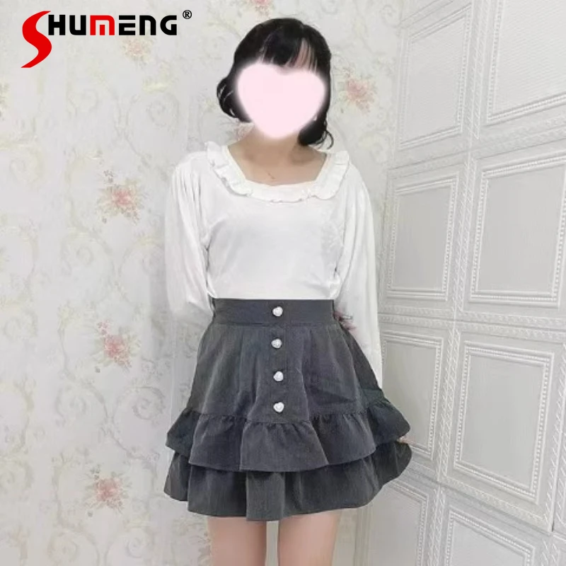 

New Japanese SC Rojita Style Original New Product Sweet Cake Skirt A-line Solid Color Skirts Kawaii Clothes Black Color Female