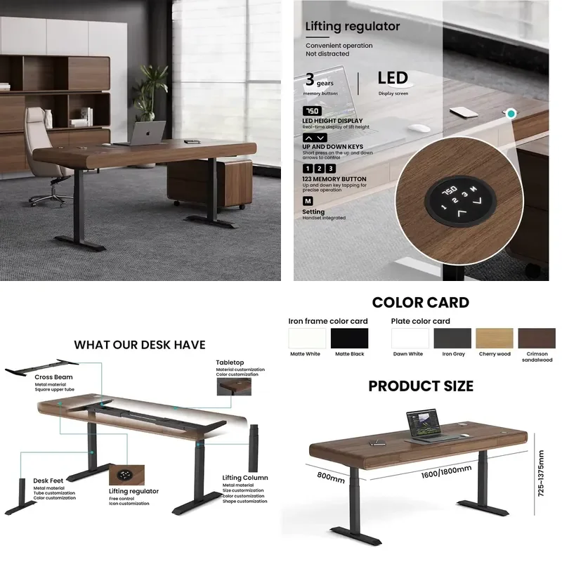 Smart Electric Lifting Desk Solid Wood Minimalist Modern Modular Work Office Building Dual Motor Walnut Top OEM Factory