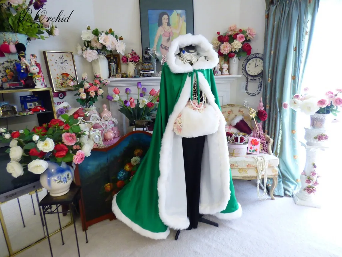 Peorchristmas GREEN/งาช้าง SATIN Cape Bridal, ผ้าคลุมไหล่ขนสัตว์ยาวมีฮู้ดสำหรับผู้หญิงเสื้อคลุมงานแต่งงานทำด้วยมือ