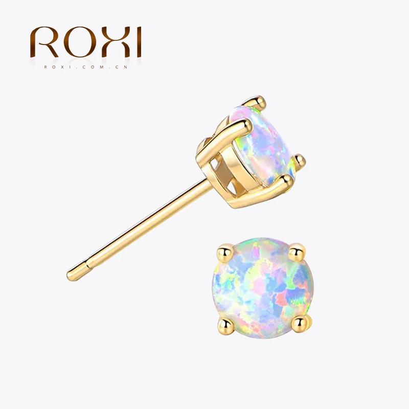 

ROXI Korean 925 Silver Earrings For Women Girl Classic Four Claw Fine Opal Stud Earring Gold Silver Color Jewelry Bijoux Femme