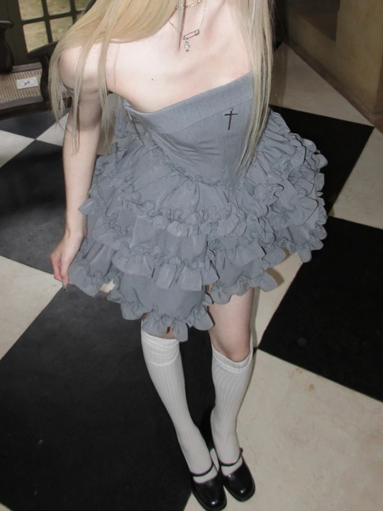 RORIRI ผู้หญิง Cross Boned Corset เค้ก Off-ไหล่ Backless Slim Frilly Puffy ชุดเจ้าหญิง Retro วันเกิด Party เสื้อผ้า