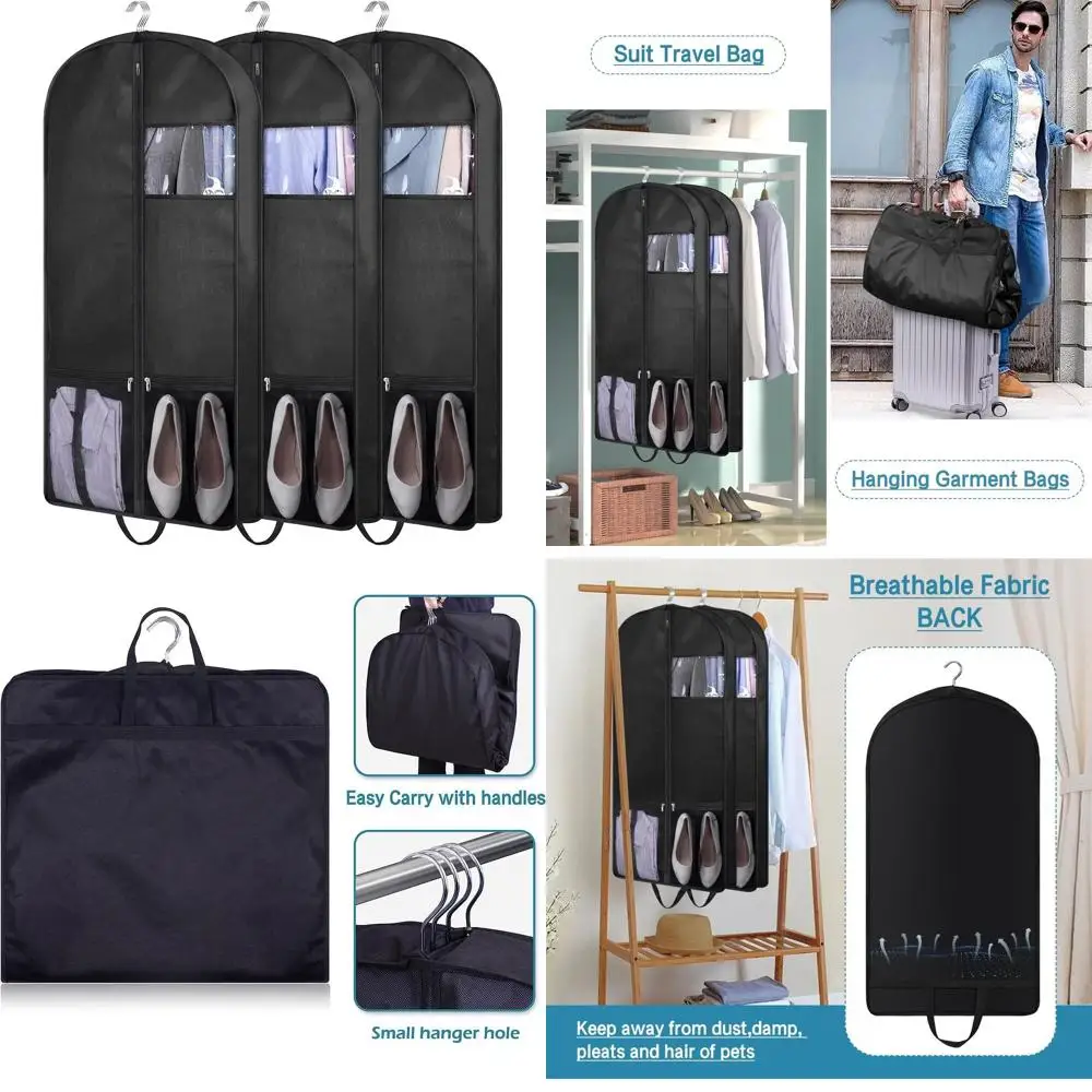 

Travel & Closet Storage Suit Bags - 3 Pack Gusseted Mesh Garment Covers for Men's Suits, Coats, Jackets, Shirts in Black