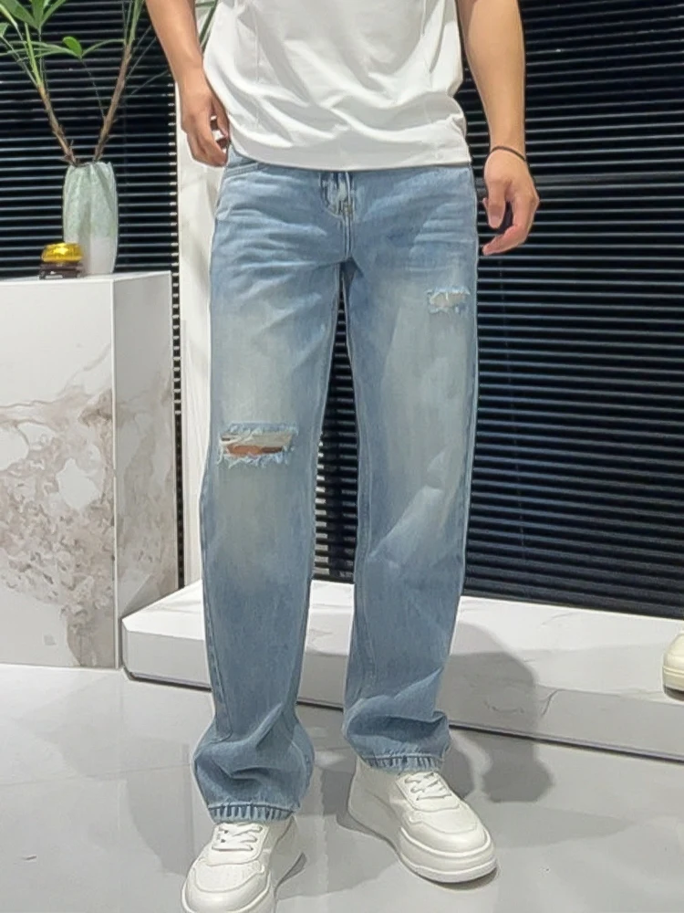 

Summer Blue Ripped Loose Men's Jeans Simple Style High Street Straight Leg Casual Wide Leg Long Trousers Fashionable Casual Wear