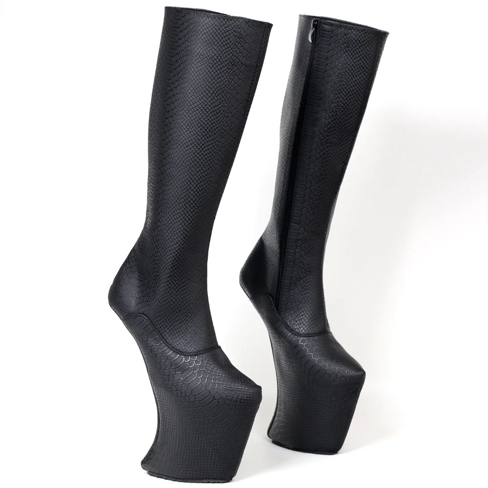 25CM Hoef Heelless Vrouwen Knie Hoge Laarzen, Fetish Platform Botas, Mannen Cross Dressing Snake Patroon Cosplay Schoenen, Zwart, Aangepaste Kleur