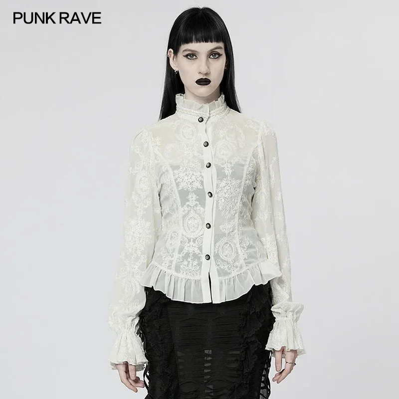 PUNK RAVE Women's Gothic Chiffon Embroidered Flare Sleeves Perspective Blouse Stand Collar Shirt Waist Adjustment Tops 2 Colors