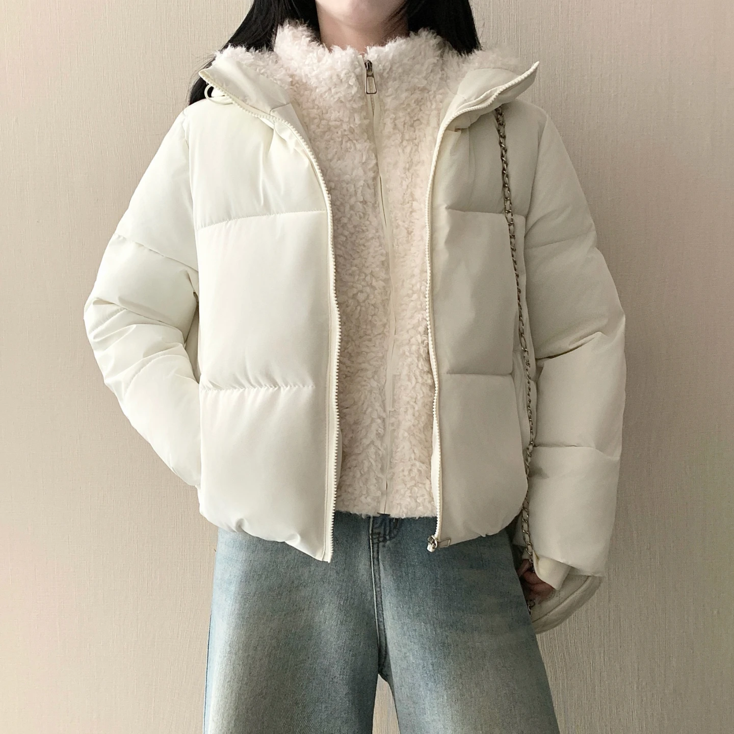 Women Cropped Hooded Padded Jacket Faux Teddy Lined Fake Two Piece Zipper Warm Parkas Coat Winter Outerwear With Side Pockets