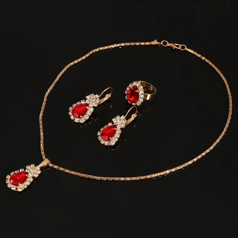 カラフルなラインストーンジュエリーセット,ドロップネックレス,カスタムファッションイヤリング,3ピースイヤリング