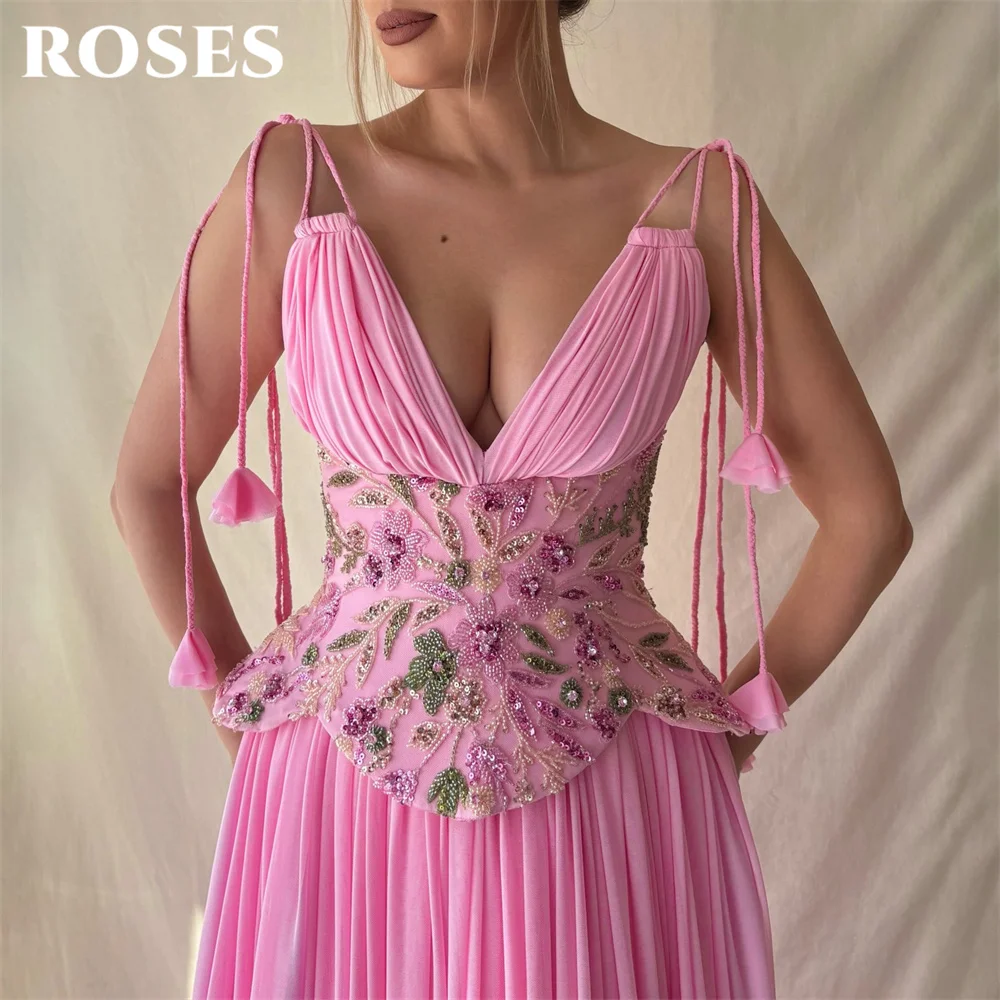 ROSES Pink Prom Dresses Deep V Neck Spaghetti Strap Evening Dresses A Line Floor Length Party Dress Robe De Soirée Customized 2