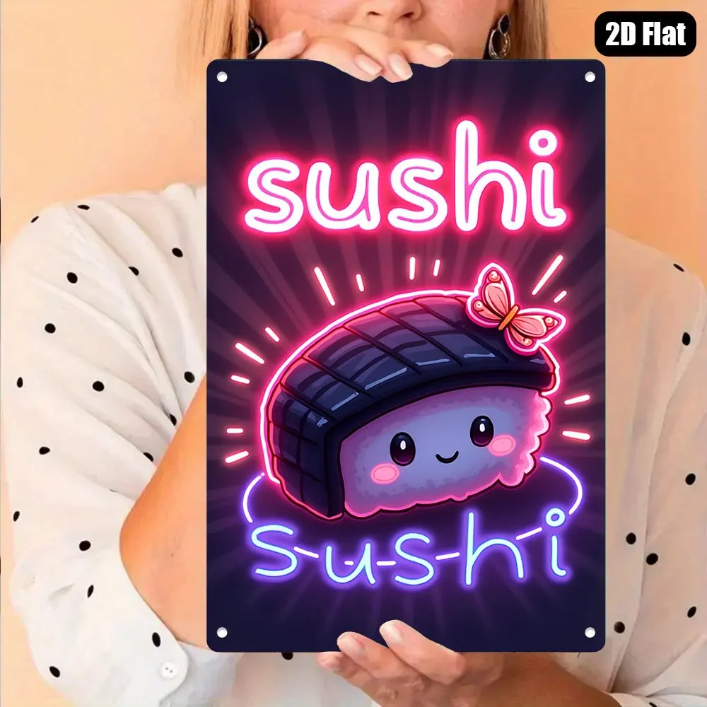Vintage Metal Tin Sign, Neon‑Style NO LED Lights，, Sushi Neon Wall Art, Pink Purple Glow, Kitchen Bar Cafe Home Decor, Fun V