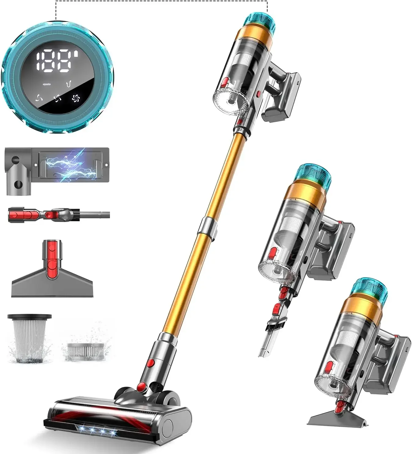 Vacuum Cleaner,500W Stick Vacuum,Up to 55Mins, Vacuum Cleaners for Home Rechargeable Wall Mount OLED Color Screen Anti-tangled V